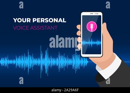 Personal assistant and voice recognition mobile app. Hand holding smartphone with microphone button on screen and speech soundwave. Sound wave smart intelligent technology vector illustration Stock Vector