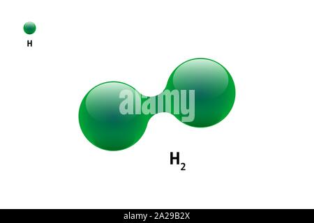 Chemistry model of molecule hydrogen H2 scientific element. Integrated particles natural inorganic 3d molecular structure compound. Two green volume atom spheres vector illustration isolated Stock Vector