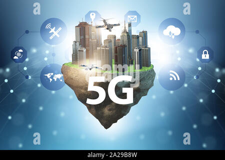 The concept of 5g technology with floating island Stock Photo