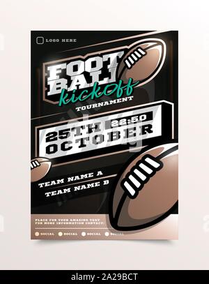 Rugby or American Football Sport Flyer Vector. Vertical Card Poster Design For Sport Bar Promotion. Tournament Flyer. Invitation Illustration. Stock Vector