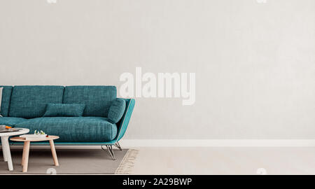 Living room interior wall mock up with teal blue sofa, empty white wall with free space on right, 3D render, 3D illustration Stock Photo