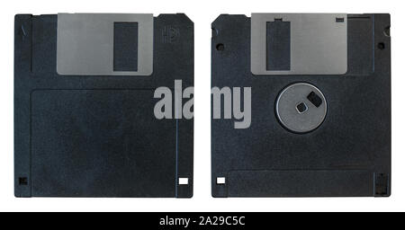 The Front And Back Of An Old Computer Floppy Disk On A White Background Stock Photo