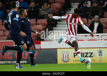 Stoke On Trent, UK. 01st Oct, 2019. Stoke City forward Tyrese Campbell (26) crosses the ball during the EFL Sky Bet Championship match between Stoke City and Huddersfield Town at the Bet365 Stadium, Stoke-on-Trent, England on 1 October 2019. Photo by Jurek Biegus. Editorial use only, license required for commercial use. No use in betting, games or a single club/league/player publications. Credit: UK Sports Pics Ltd/Alamy Live News Stock Photo