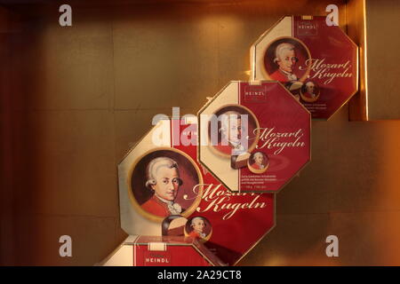 showcase in the center of vienna, for sale the typical balls of Mozart: filled chocolate commemorative of the famous Austrian composer Stock Photo