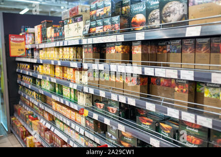 Minsk, Belarus - September 27, 2019: Supermarket with various tea Stock Photo