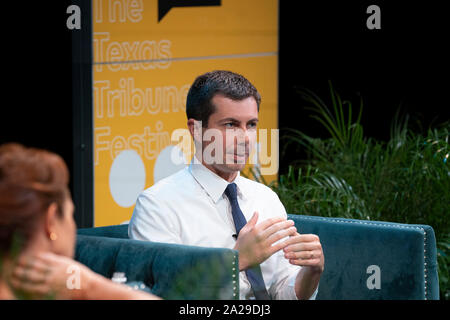 South Bend Mayor and presidential candidate Pete Buttigieg speaks with NBC's Stephanie Ruhle during an afternoon session at the Texas Tribune Festival. Buttigieg, an openly gay Democrat, is lagging in most presidential polls. Stock Photo