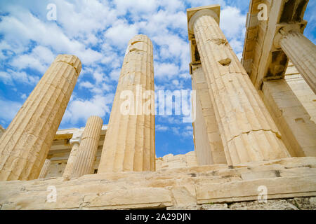 Arcopolis Parthenon columns rise skyward on the ancient site in Athens Greece. Stock Photo