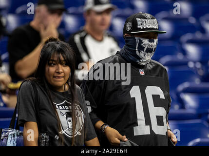 Indianapolis, Indiana, USA. 29th Sep, 2019. Oakland Raider fans during pregame of NFL football game action between the Oakland Raiders and the Indianapolis Colts at Lucas Oil Stadium in Indianapolis, Indiana. Oakland defeated Indianapolis 31-24. John Mersits/CSM/Alamy Live News Stock Photo