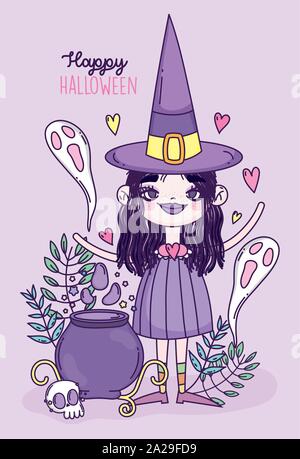 witch girl spell cauldron ghosts skull trick or treat happy halloween vector illustration Stock Vector