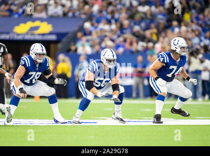 Indianapolis, Indiana, USA. 29th Sep, 2019. Indianapolis Colts center Ryan Kelly (78), Indianapolis Colts offensive guard Quenton Nelson (56), and Indianapolis Colts offensive tackle Anthony Castonzo (74) during NFL football game action between the Oakland Raiders and the Indianapolis Colts at Lucas Oil Stadium in Indianapolis, Indiana. Oakland defeated Indianapolis 31-24. John Mersits/CSM/Alamy Live News Stock Photo
