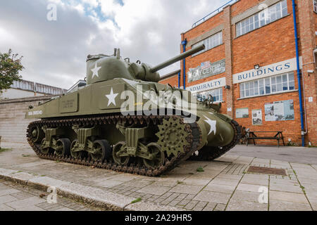 World War 2 Sherman tank displayed at Castletown D-day Centre, Castletown, Portland, Dorset, UK Stock Photo
