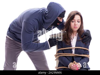 The kidnapper with tied woman isolated on white Stock Photo