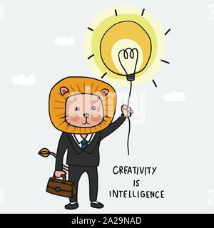 Lion wear business costume holding lightbulb balloon with creativity is intelligence word, Business concept cartoon vector illustration doodle style Stock Vector