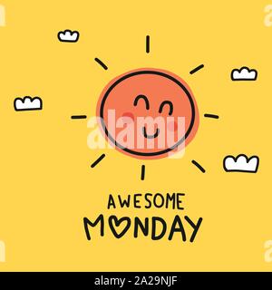 Awesome Monday cute sun smile doodle style vector illustration Stock Vector