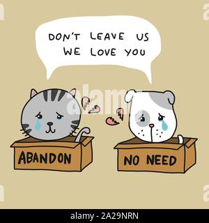 Abandon cat and dog in box cartoon vector illustration Stock Vector