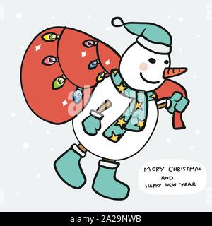 Snowman bring gift bag and colorful light bulb cartoon vector illustration Stock Vector