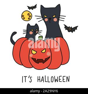 Halloween black cat sit on pumpkin cartoon vector illustration Stock Vector