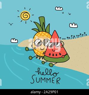 Watermelon and pineapple fruit couple hugging on beach cartoon vector illustration doodle style Stock Vector