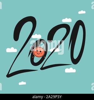 2020 word and sun smile on blue sky vector illustration Stock Vector