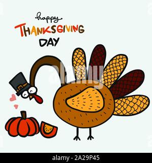 Turkey love pumpkin, Happy thanksgiving day cartoon vector illustration Stock Vector