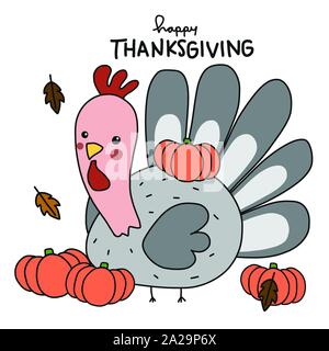 Turkey and pumpkin in autumn season, Happy Thanksgiving cartoon vector illustration Stock Vector
