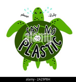 Say no to plastic, sea turtles crying for help cartoon vector illustration doodle style Stock Vector