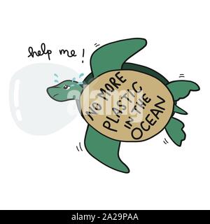 No more plastic in the ocean, sea turtles crying because plastic head struck in plastic bah and asking for help cartoon vector illustration Stock Vector