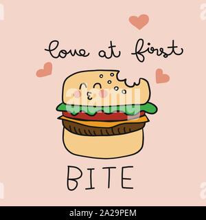 Love at first bite cute burger cartoon vector illustration doodle style Stock Vector