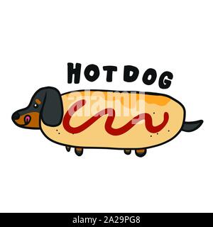 Dachshund dog in hotdog cartoon logo vector illustration doodle style Stock Vector