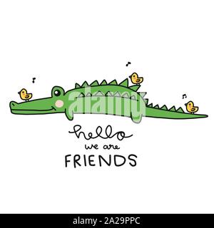 Hello we are friends, crocodile with little birds cartoon vector illustration doodle style Stock Vector