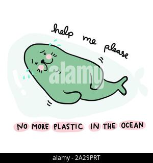 No more plastic in the ocean, Seal crying because struck in plastic bag and asking for help cartoon vector illustration doodle style Stock Vector