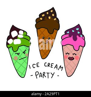 Ice cream cone party cute cartoon vector illustration doodle style Stock Vector