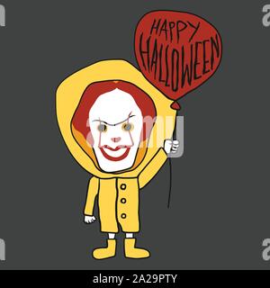 Scary clown wiht red balloon Happy Halloween cartoon vector illustration Stock Vector
