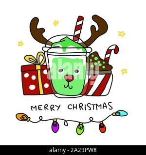Merry Christmas smoothie reindeer cup cartoon doodle style vector illustration Stock Vector
