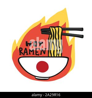 Hot Ramen noodle cartoon on fire logo vector illustration Stock Vector