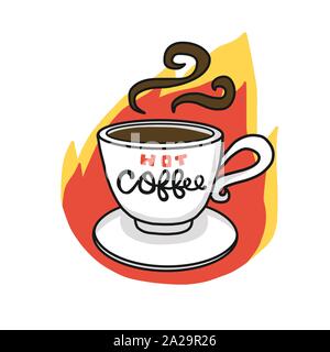 Hot coffee cup on fire cartoon logo vector illustration Stock Vector