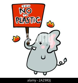 Elephant angry, Say no to plastic cute cartoon doodle style vector illustration Stock Vector