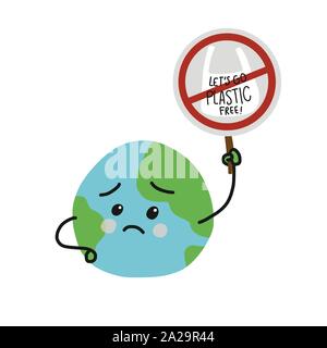 No more plastic sad earth cartoon vector illustration Stock Vector