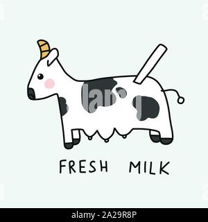 Fresh milk from cow cartoon vector illustration doodle style Stock Vector