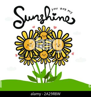 You are my sunshine word and cute sunflower cartoon doodle vector illustration Stock Vector