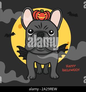 French Bulldog with wing and pumpkin monster Full moon Happy Halloween cartoon vector illustration Stock Vector
