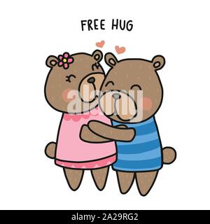Couple bear free hug cartoon vector illustration doodle style Stock Vector