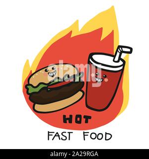 Hot Fast food hamburger and soda drink on fire logo cartoon vector illustration Stock Vector