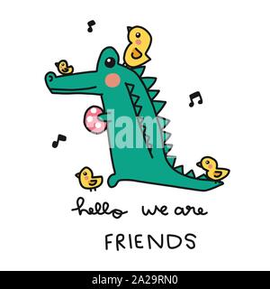 Hello we are friends, crocodile with little birds cartoon vector illustration doodle style Stock Vector