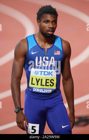 Doha, Qatar. 30th Sep, 2019. Noah Lyles (USA) Athletics : IAAF World Championships Doha 2019 Men's 200m Semi-final at Khalifa International Stadium in Doha, Qatar . Credit: YUTAKA/AFLO SPORT/Alamy Live News Stock Photo