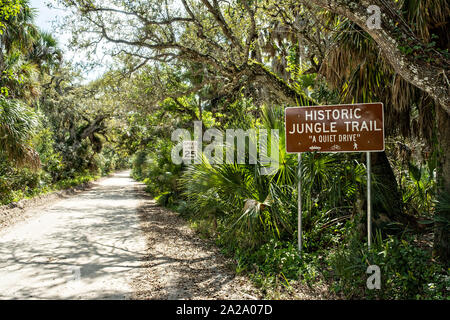 Marker at the entrance to the Historic Jungle Trail on Orchid Island in Vero Beach, Florida. The eight-mile sandy road built in the 1920s along the banks of the Indian River leading to Pelican Island Sanctuary, the first wildlife refuge in the U.S. Stock Photo