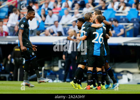 Madrid, Spain. 01st Oct, 2019. Players of Club Brugge celebrate during the UEFA Champions League match between Real Madrid and Club Brugge at Santiago Bernabeu Stadium in Madrid.(Final score: Real Madrid 2:2 Club Brugge) Credit: SOPA Images Limited/Alamy Live News Stock Photo