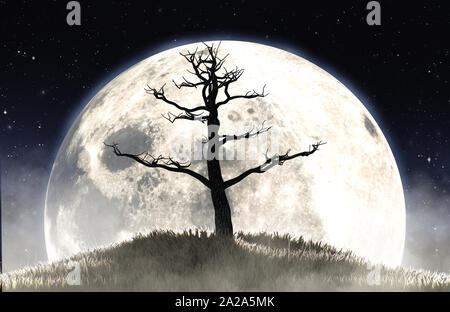 A concept image showing a dead leafless tree on a grassy hill at night ...