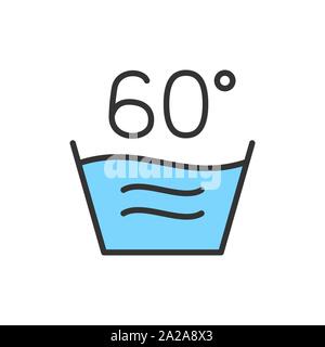 Vector hot laundry, 60 degrees washing temperature flat color line icon. Stock Vector