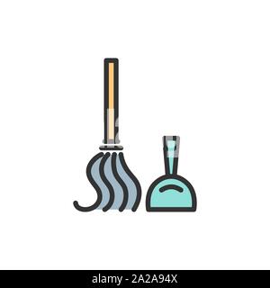 Vector cleaning tools, scoop, broom flat color line icon. Stock Vector